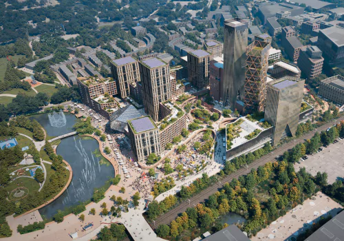 City Green Town Centre at Brabazon, Bristol. Top-down rendering of the bustling town centre planned for Brabazon with high-rise hotels, offices, retail, dining and leisure.