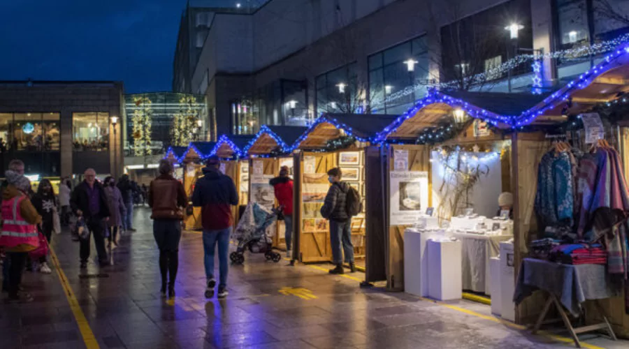 Christmas stalls in the town centre at Cardiff, the Welsh capital.