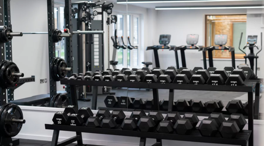 Naturally light gym training area with metal shelf filled with various black training weights and behind is a mirror with the reflection of treadmills.