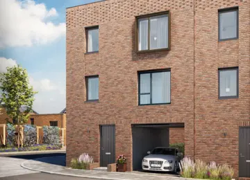 A three-storey property with a flat roof, exterior brickwork detailing and a carport garage.