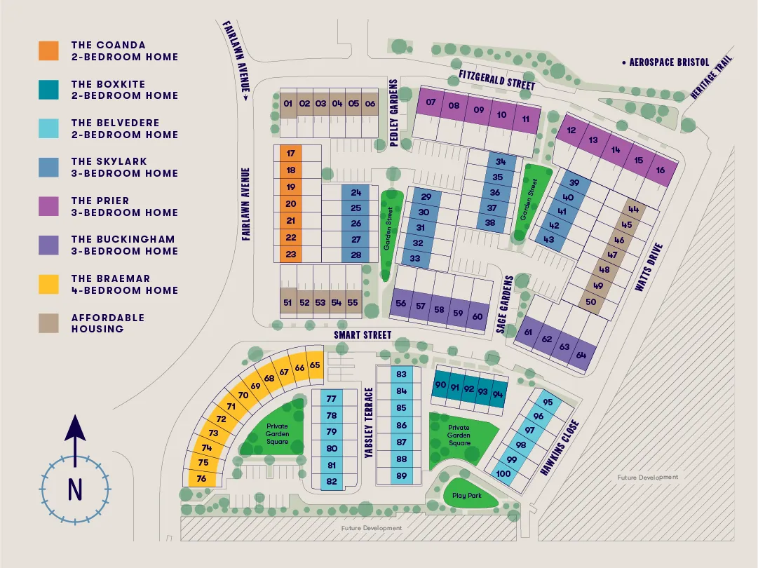 The Heritage District site plan. Site plan of The Heritage District showing property types and plot numbers.