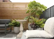 Styled new build terrace featuring potted plants and a bird bath.