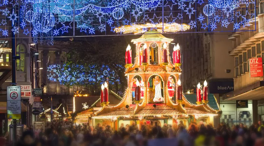 Birmingham sky lit up by Christmas lights.