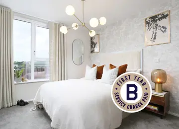 Service Charge Incentive sticker overlaying principle bedroom, with large picture window filling the room with natural light,  white linen queen bed with assorted white and orange pillows.  