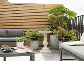 New build terrace featuring potted plants, a bird bath and a styled outdoor coffee table.