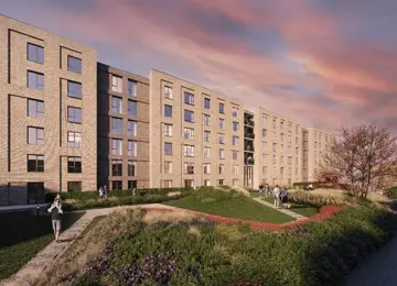 A lovely angle captures the Dials apartments at dusk, bustling with community activity.