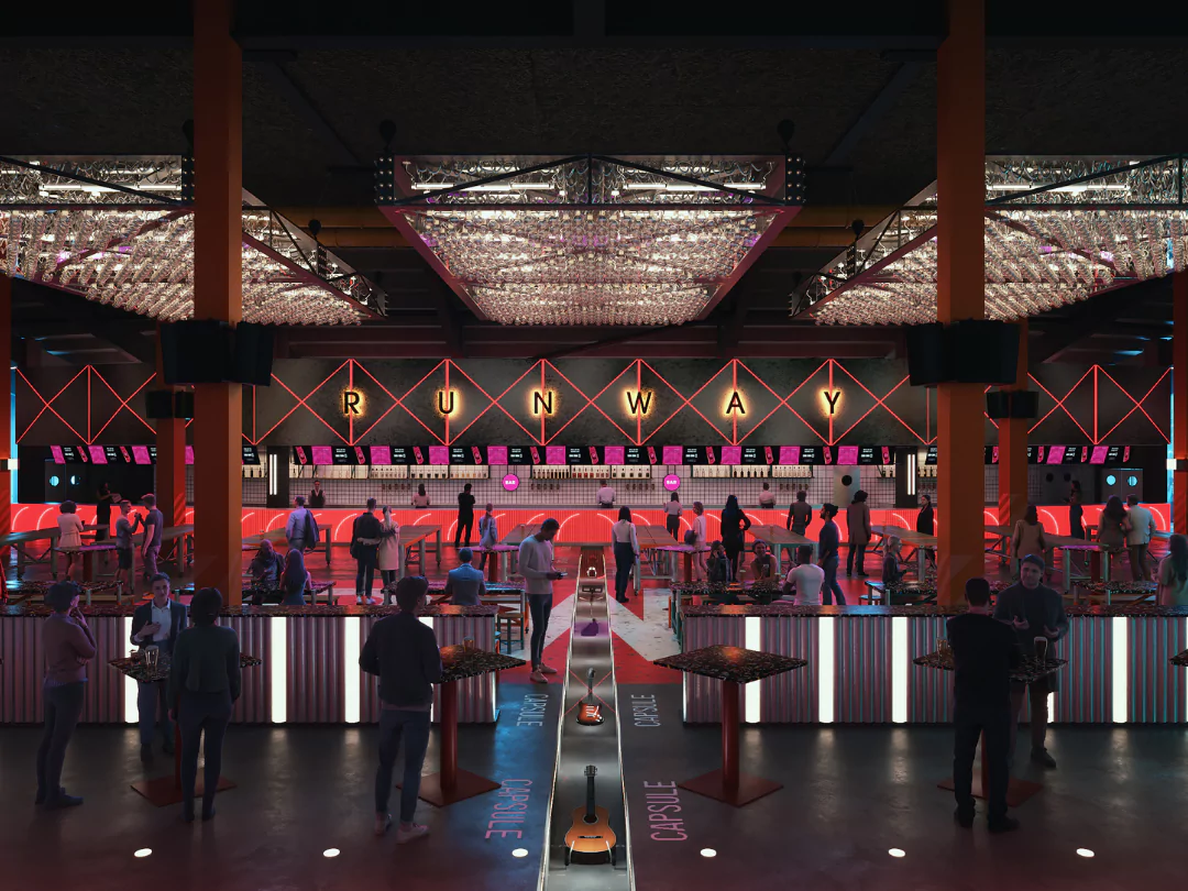 At the Arena Runway Bar, guests enjoy a chic atmosphere with dim lighting, neon lights, and guitars set into the floor.