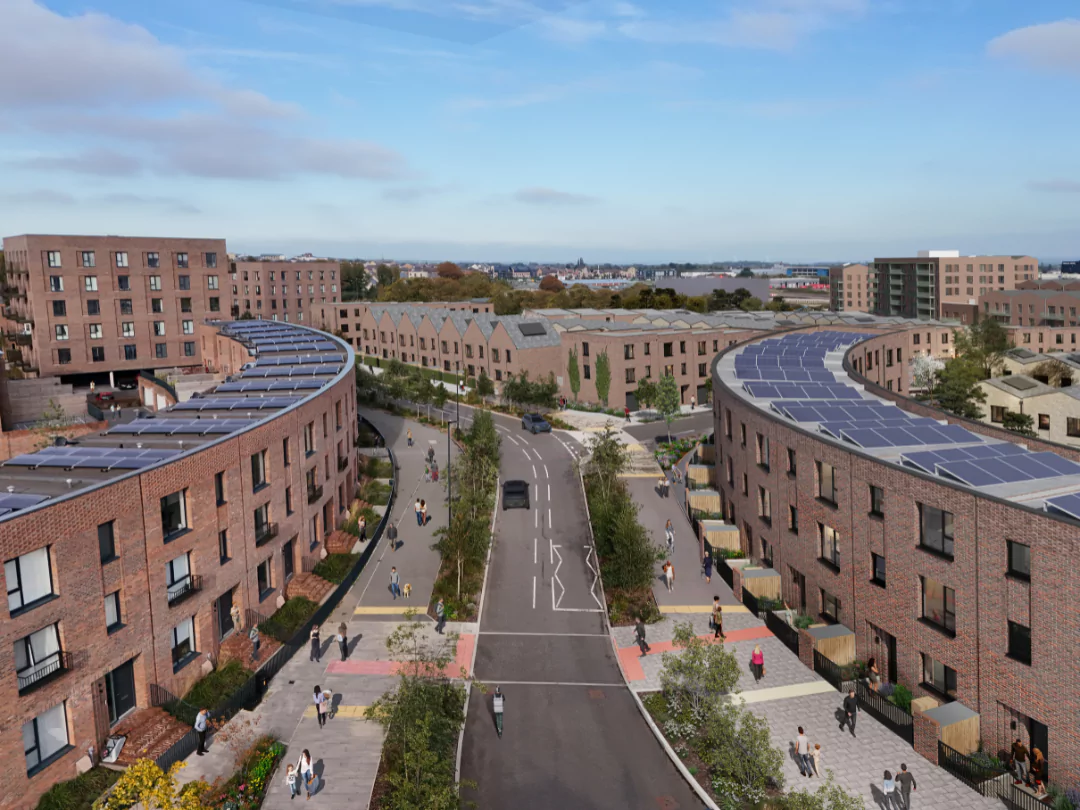 Tree-lined streets with red brick crescent houses at The Heritage District